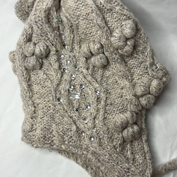 Betsey Johnson Women’s Grey/Taupe ear flap hat with poms and rhinestones - Picture 6 of 9